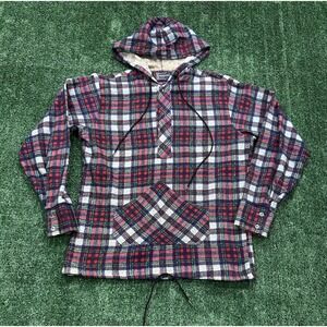 Dee Cee Rappers Plaid Flannel Hooded Pullover  Large USA Made Red Blue #255